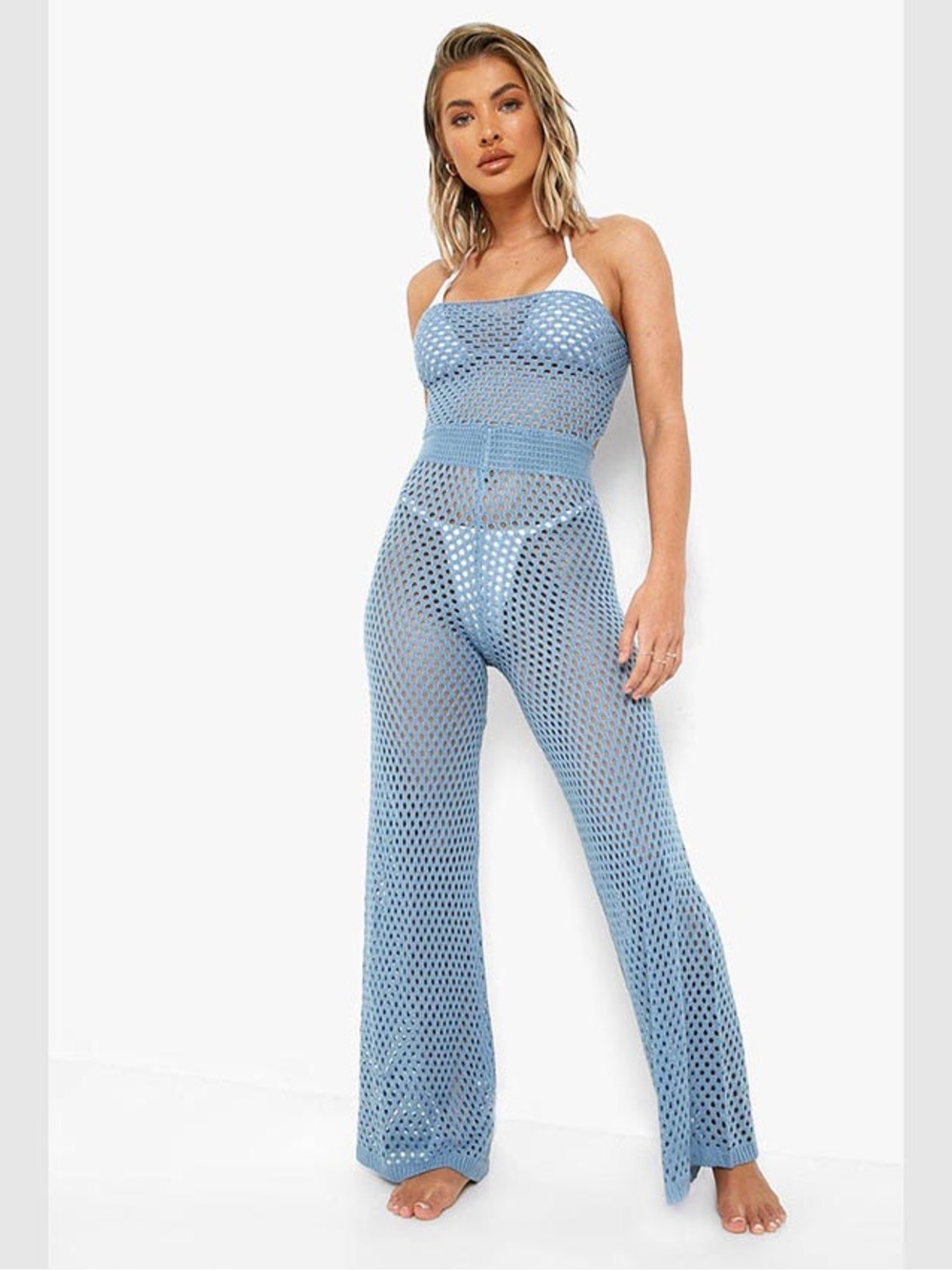 NWT XS Light Blue Crochet Wide Leg Jumpsuit swim coverup sheer pants romper one